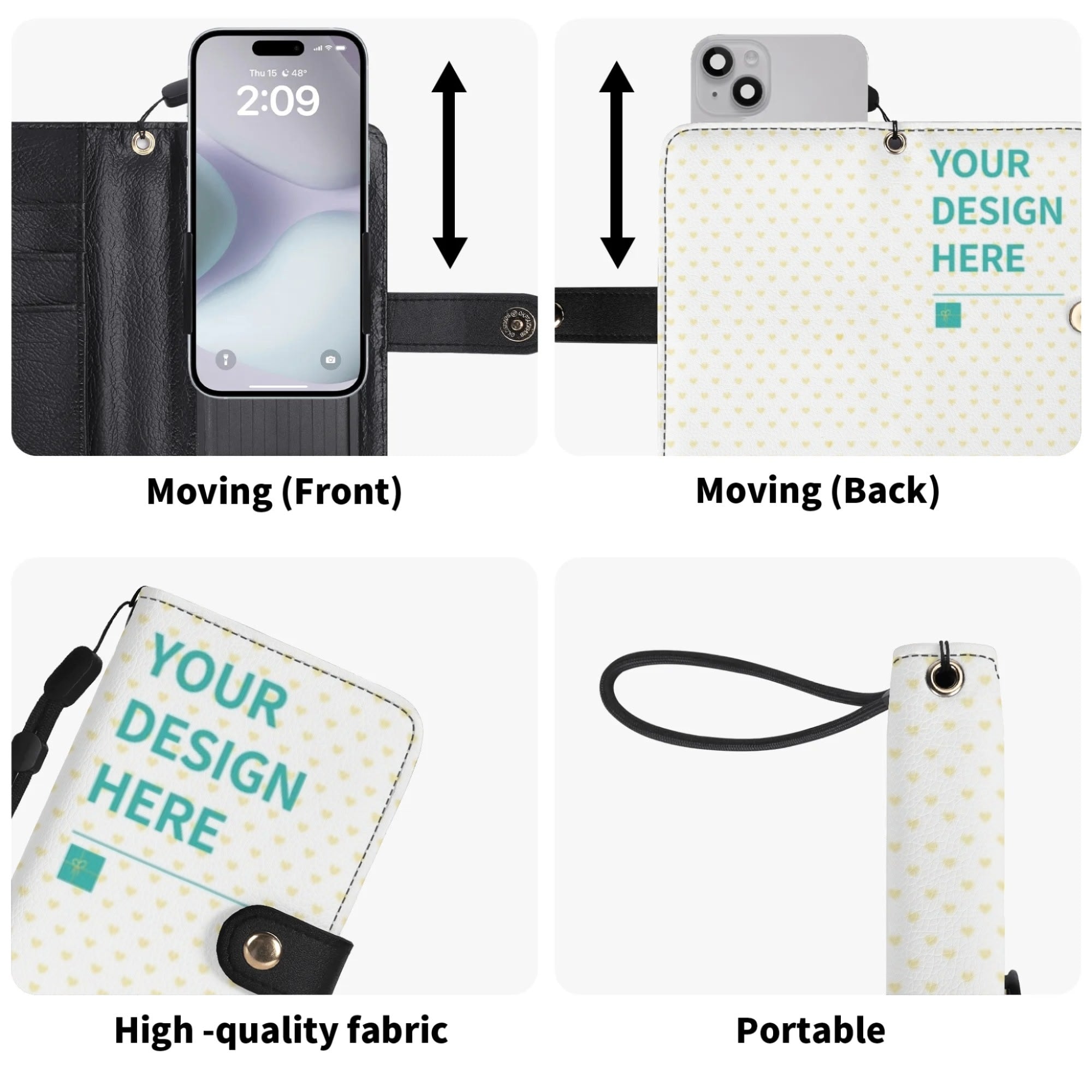Customizable PU leather phone case wallet with YOUR DESIGN HERE text, features wrist strap, available in S & M sizes