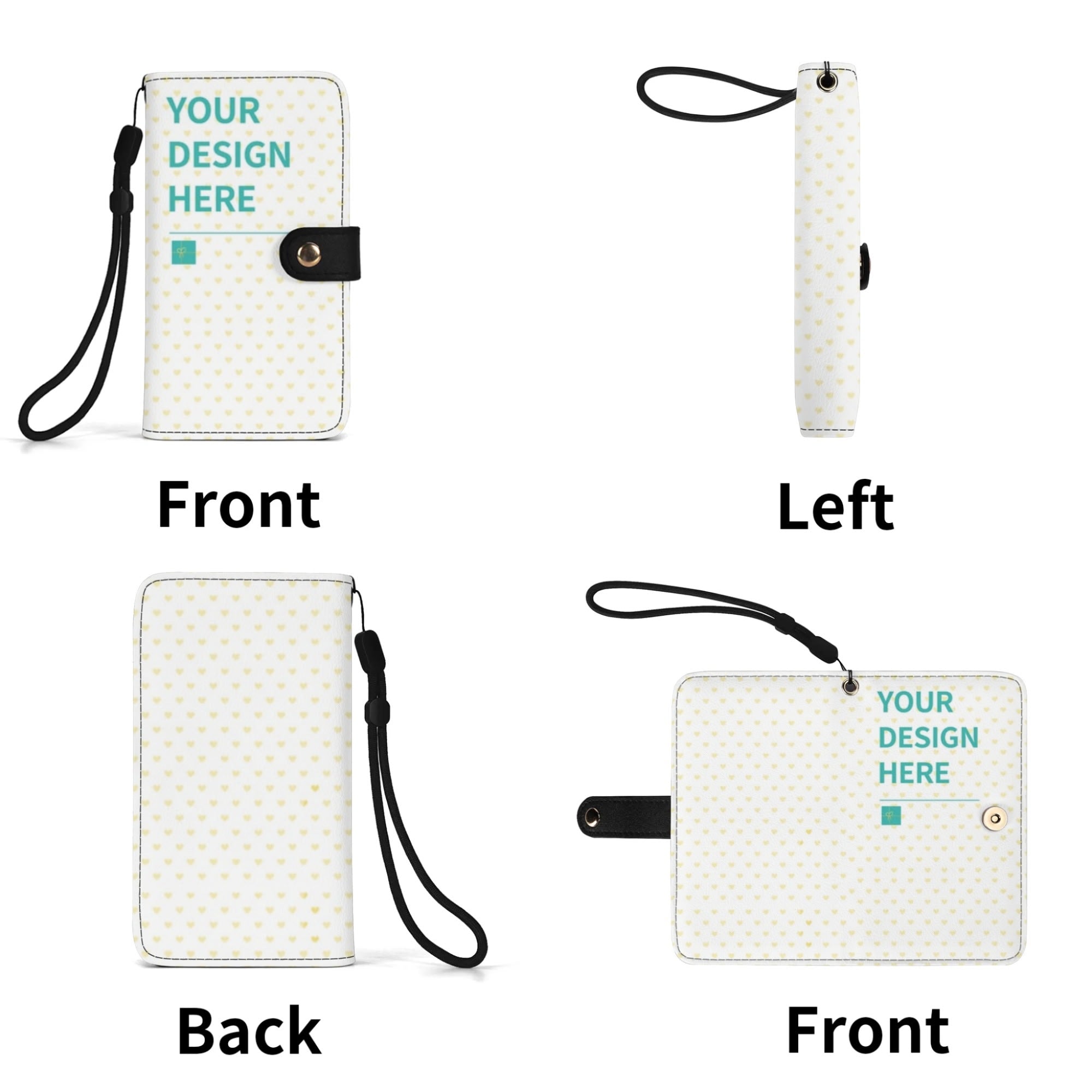 Customizable PU leather phone wallet with 'YOUR DESIGN HERE' text, wrist strap, featuring heart pattern, S and M sizes.