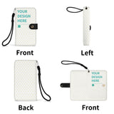 Customizable PU leather phone wallet with 'YOUR DESIGN HERE' text, wrist strap, featuring heart pattern, S and M sizes.