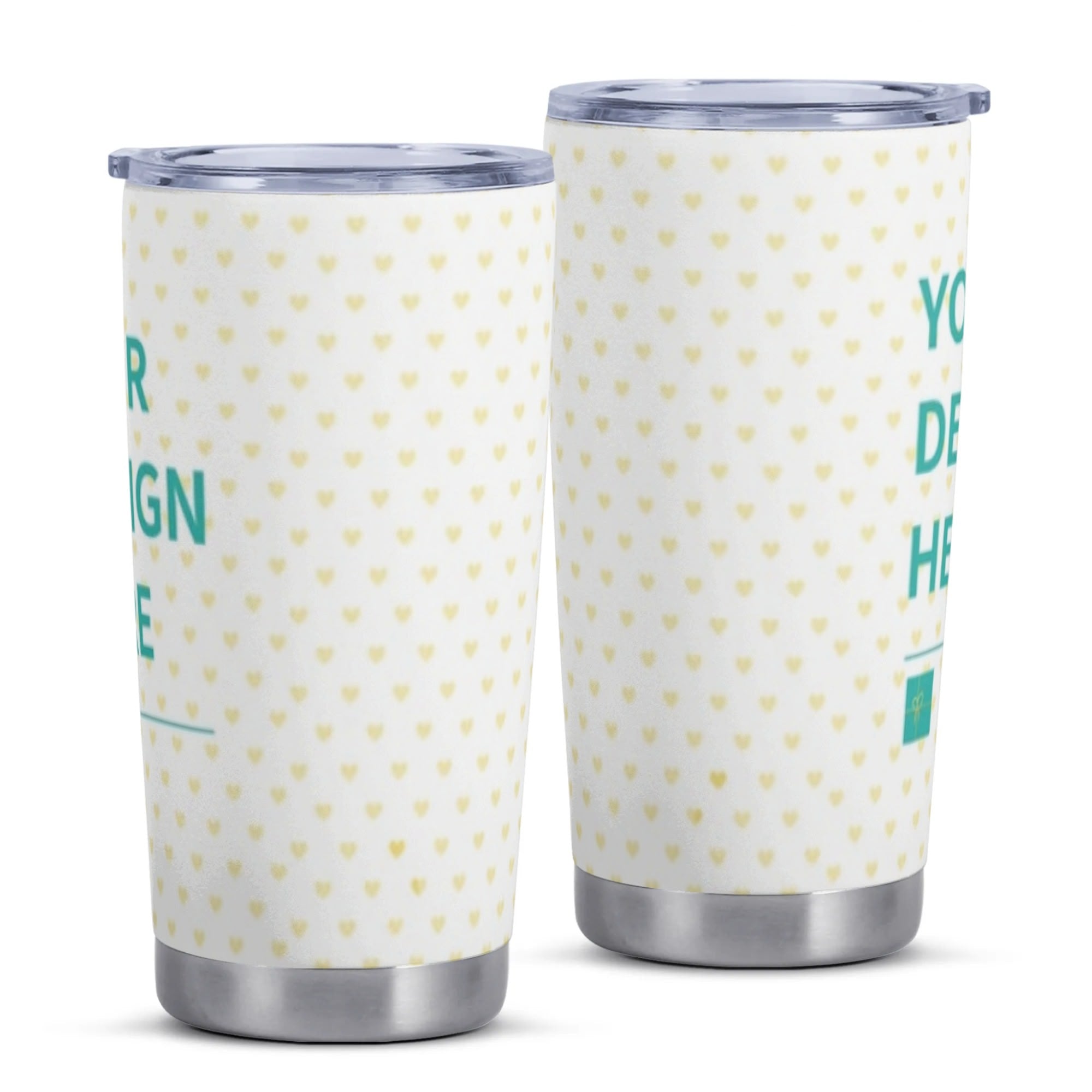 Personalized stainless steel travel tumbler with heart pattern; space for custom design, perfect for men and women.