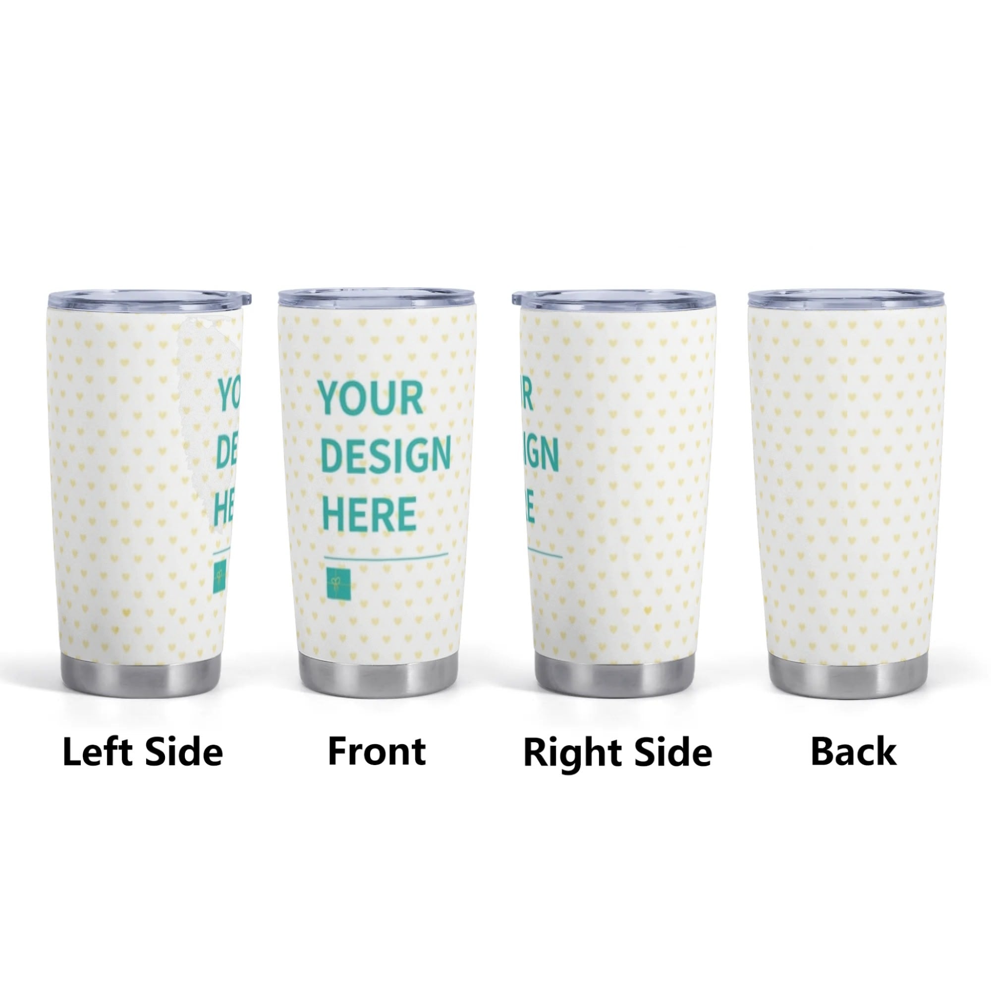 Customizable stainless steel travel tumbler, 'Your Design Here' with heart pattern, perfect for coffee or car use.