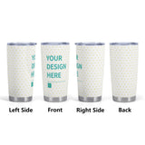 Customizable stainless steel travel tumbler, 'Your Design Here' with heart pattern, perfect for coffee or car use.