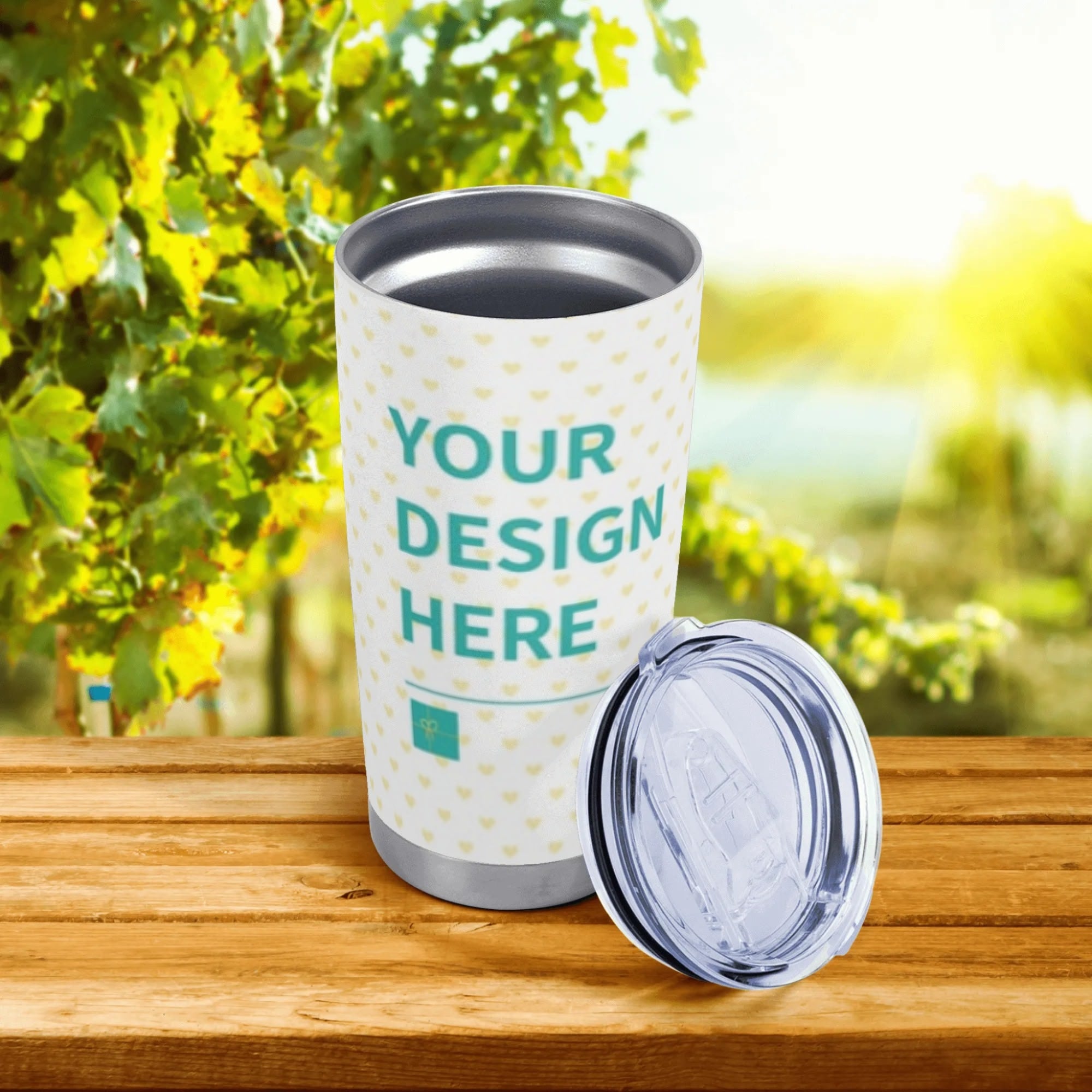 Custom stainless steel tumbler, 'YOUR DESIGN HERE', heart pattern, ideal for travel and car use.