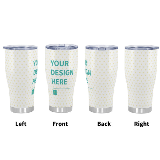 Personalized 30oz Stainless Steel Tumbler, white with yellow hearts. Customizable design area, perfect gift.