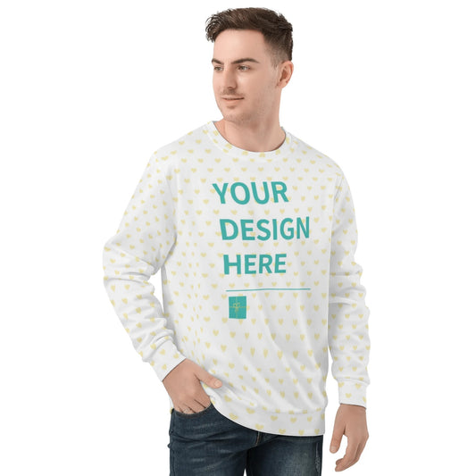 Customizable white fleece sweatshirt with yellow hearts and design prompt, round neck for men and women