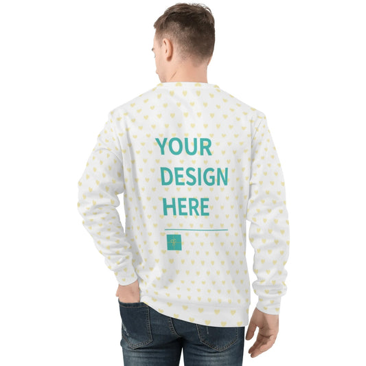 Customizable white fleece hoodie with yellow hearts pattern and 'YOUR DESIGN HERE' text, round neck for men and women