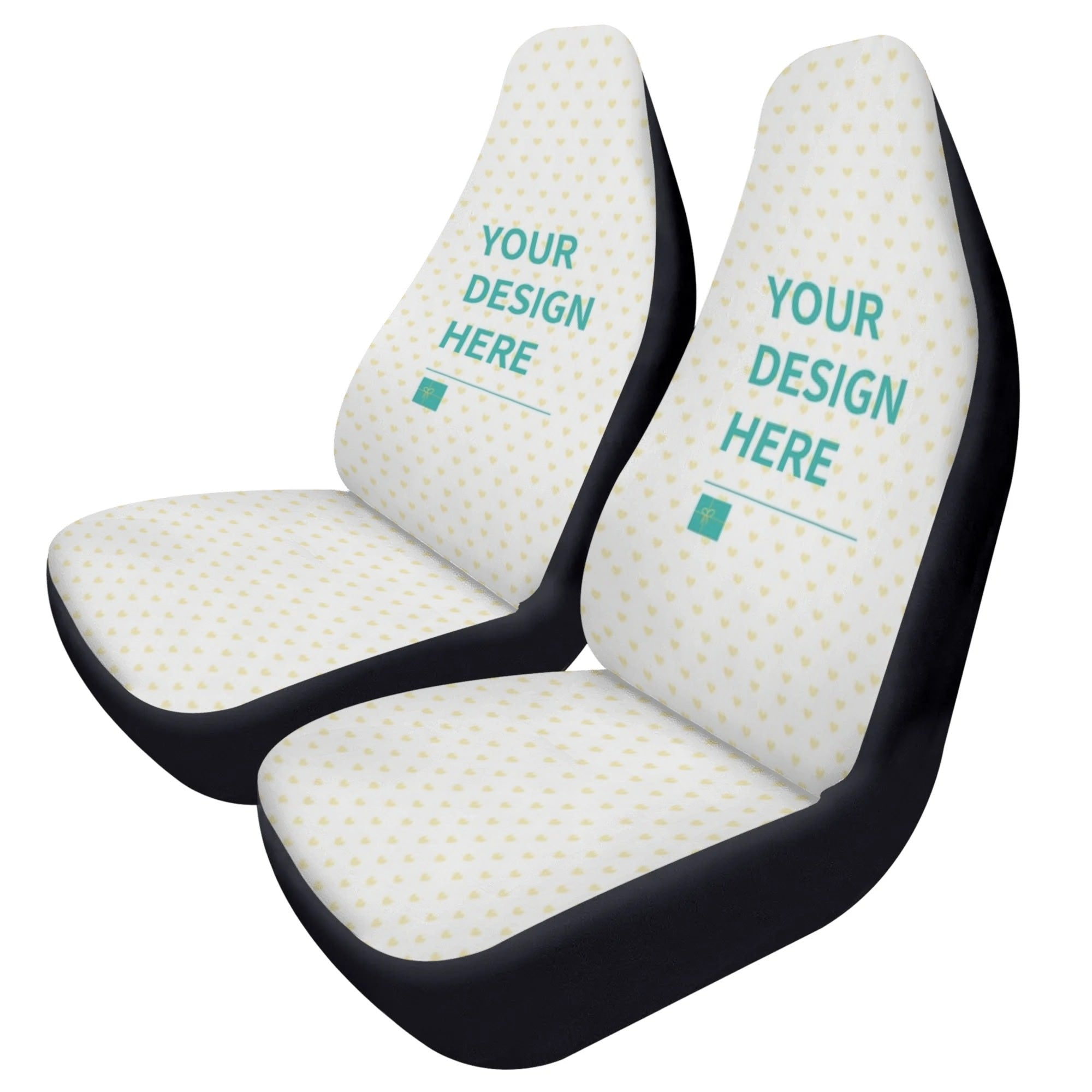Personalized car seat covers featuring 'YOUR DESIGN HERE' with polyester fabric, car interior decor, seat protector.