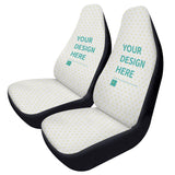 Personalized car seat covers featuring 'YOUR DESIGN HERE' with polyester fabric, car interior decor, seat protector.