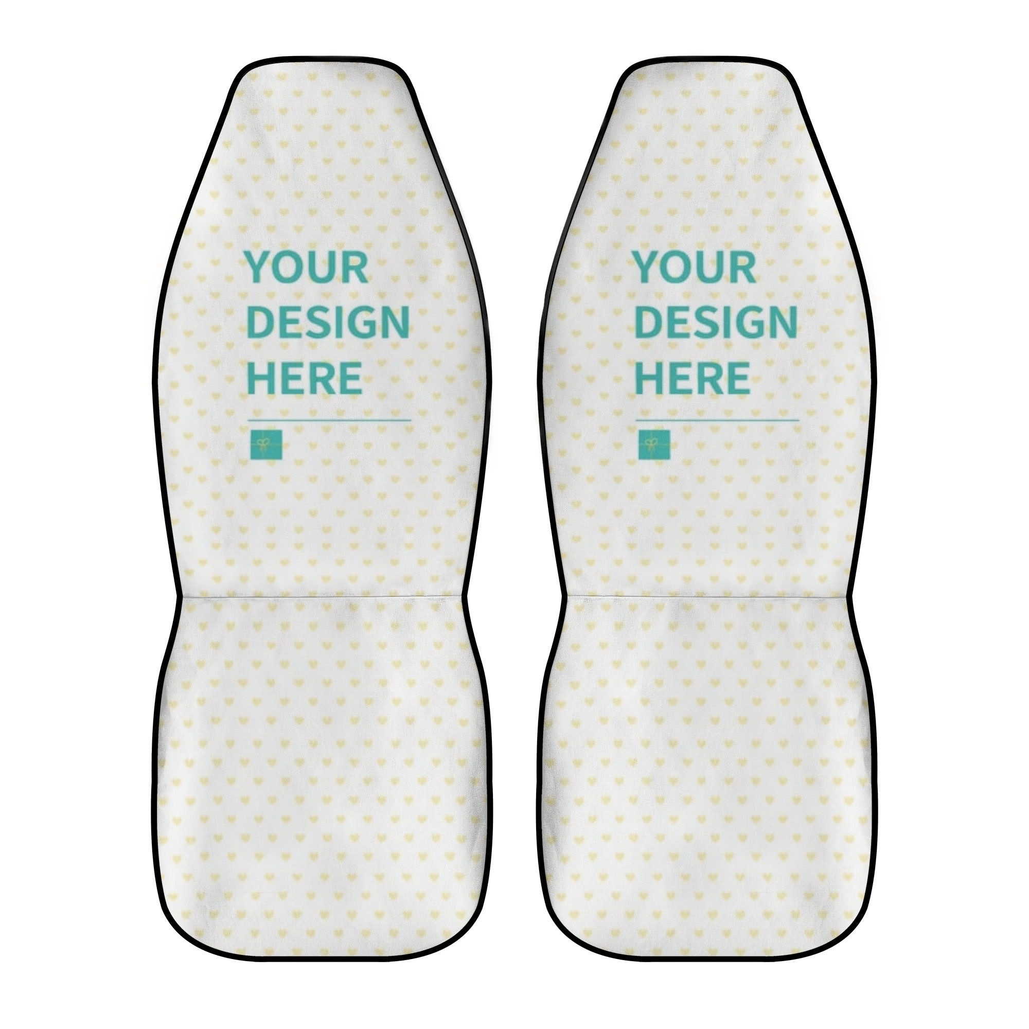 Personalized car seat covers, white fabric with yellow heart pattern, featuring 'YOUR DESIGN HERE'