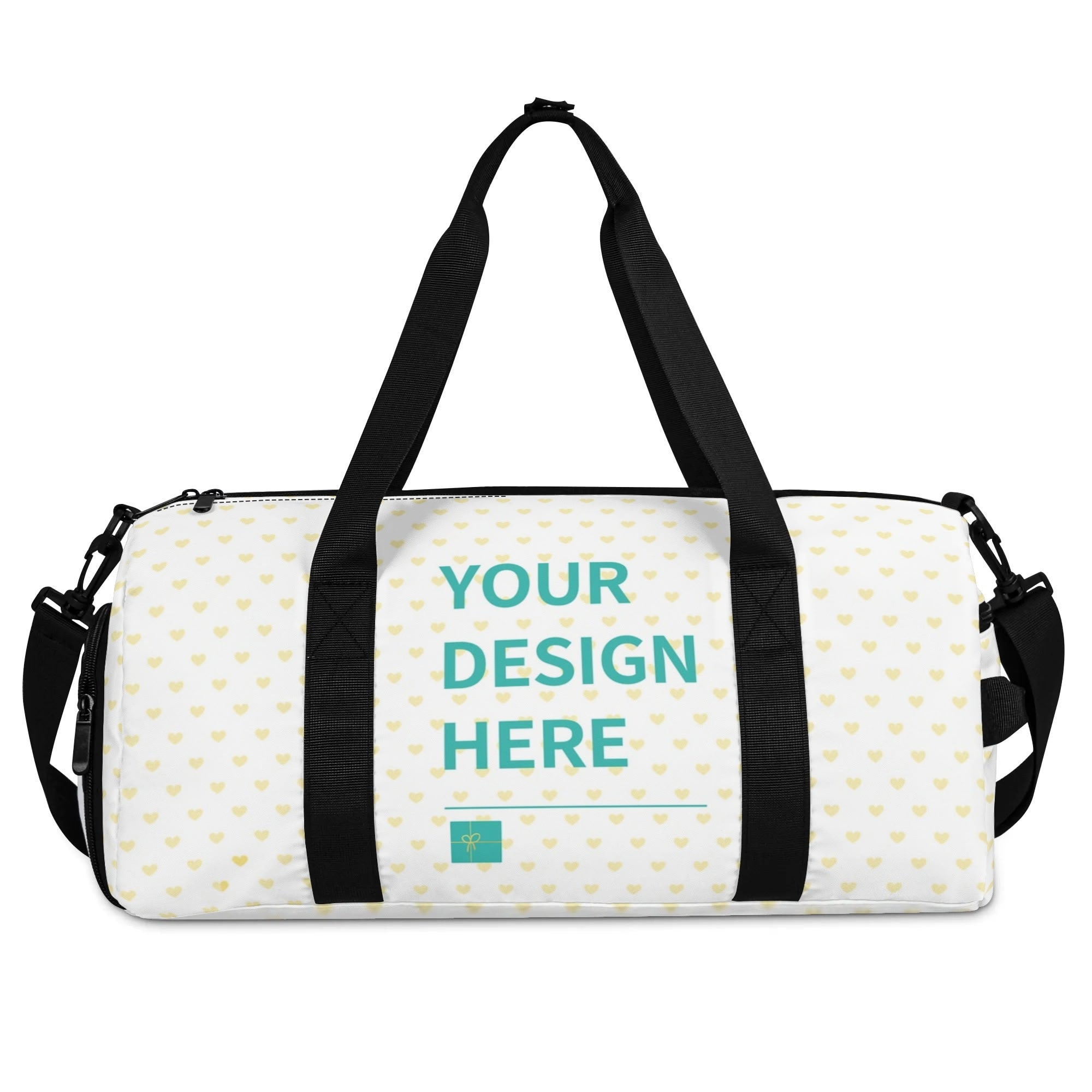 Personalized Gym Bag with Your Design Here. White duffle bag with heart pattern, black straps, and shoulder strap.