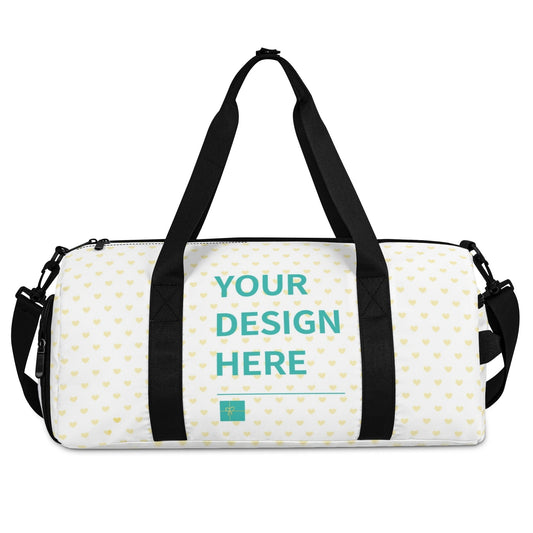 Personalized Gym Bag with Your Design Here. White duffle bag with heart pattern, black straps, and shoulder strap.