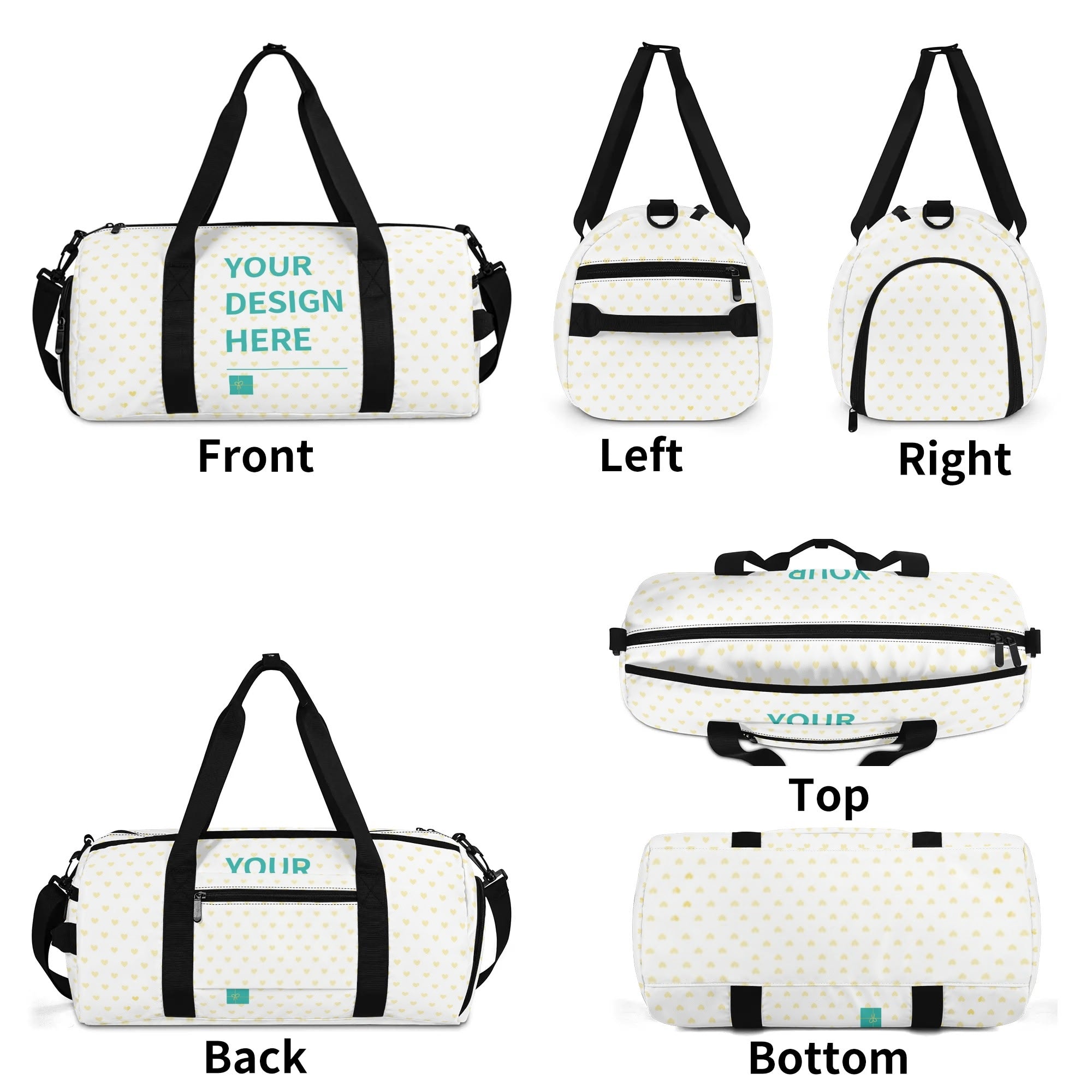 Personalized gym bag duffle bag with heart pattern and black straps. Customizable travel luggage