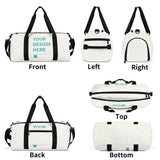 Personalized gym bag duffle bag with heart pattern and black straps. Customizable travel luggage