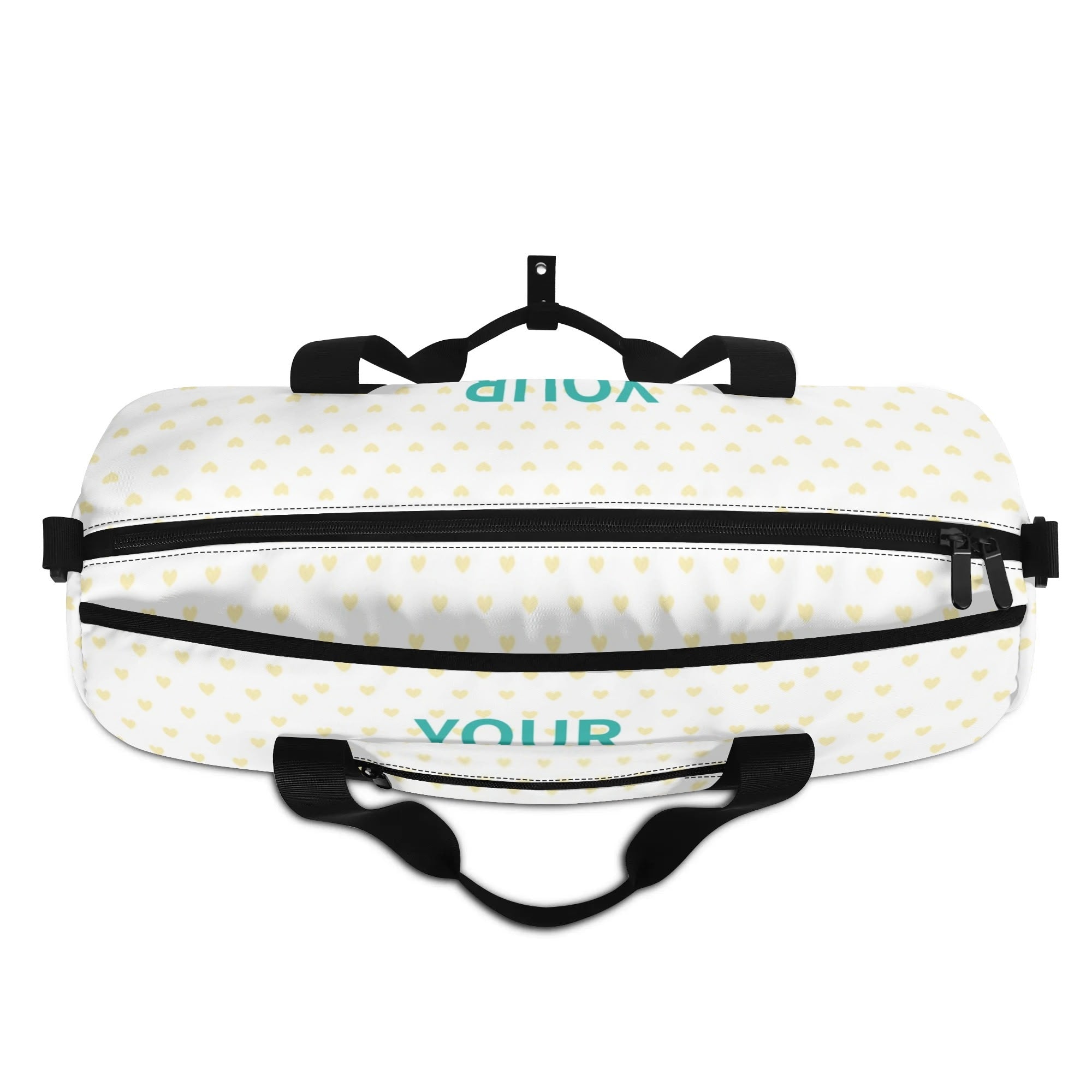 Personalized gym bag with heart pattern; black straps and zipper. Customizable sports travel tote with YOUR text.