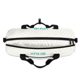 Personalized gym bag with heart pattern; black straps and zipper. Customizable sports travel tote with YOUR text.