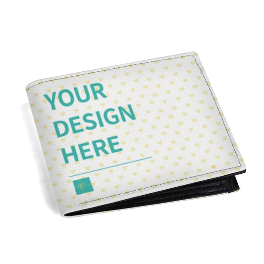Personalized PU Leather Wallet for Men - Customizable design, heart pattern, and text reading 'YOUR DESIGN HERE'.