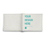 Personalized men's PU leather wallet, featuring 'YOUR DESIGN HERE' text, heart pattern interior, and customizable design.