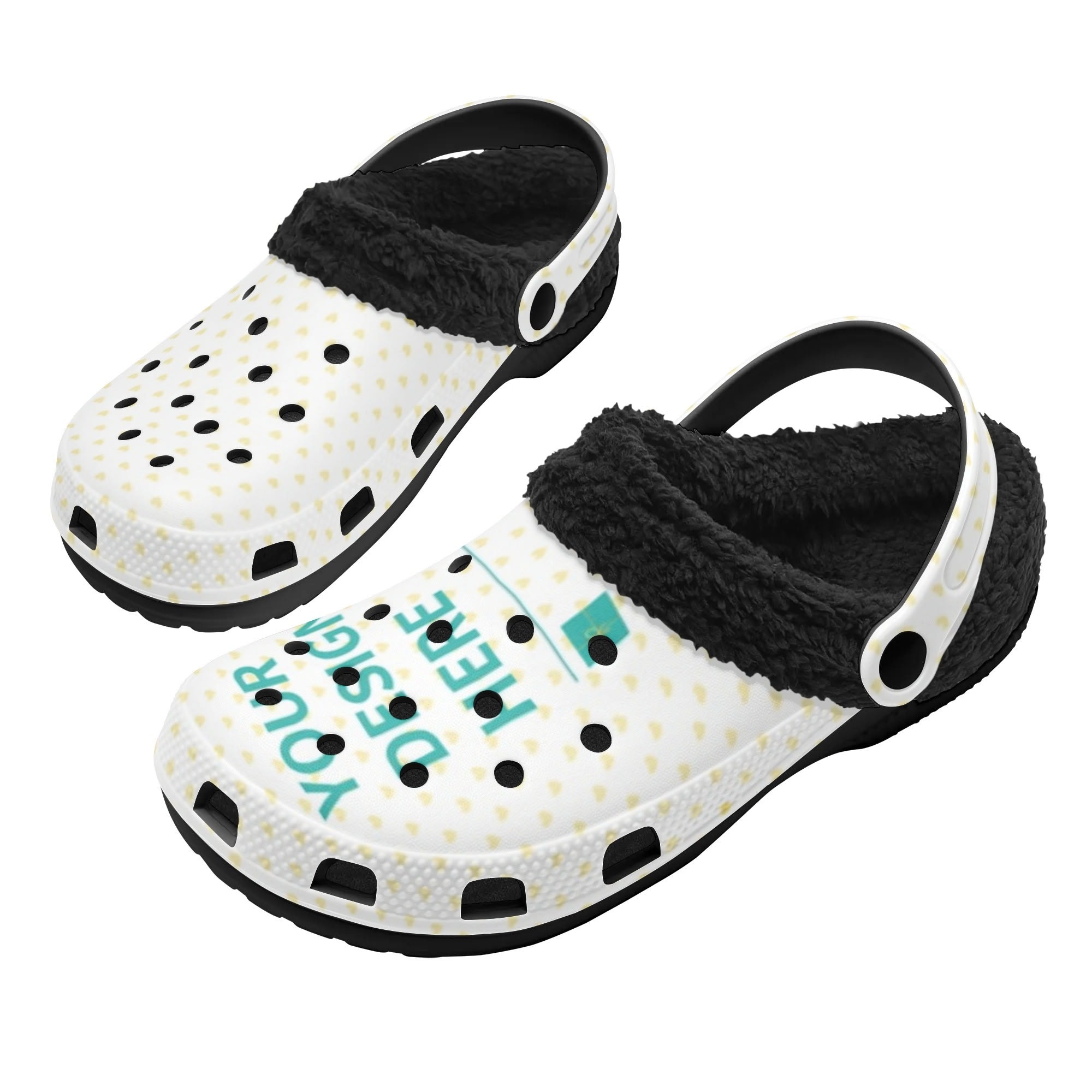 Custom Winter Clogs with Fleece Lining. White clogs with black fleece interior and personalized design. Waterproof slippers.