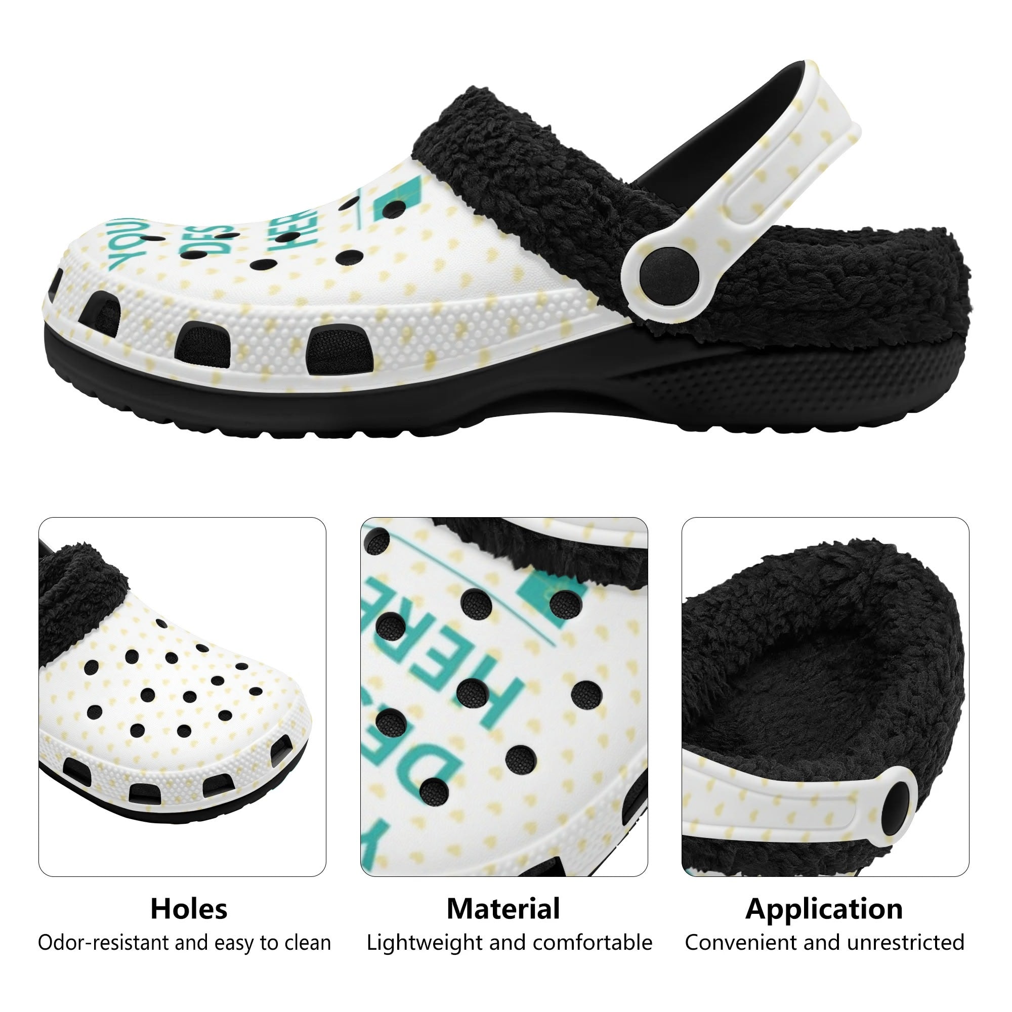 Personalized winter clogs with fleece lining. White waterproof slipper with text "YOU DESERVE IT" and heart pattern.