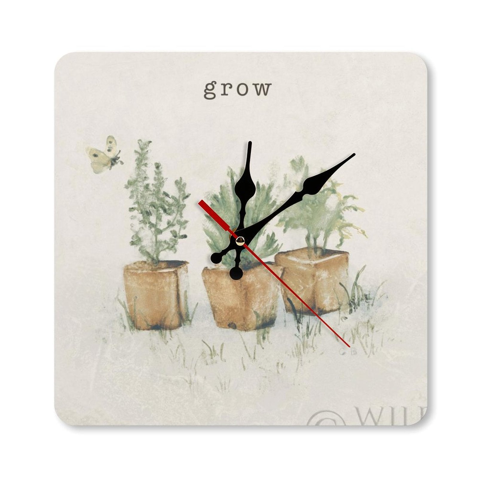 Square wooden wall clock with watercolor plants design, perfect for home or kitchen decor. Features the word 'grow'.