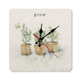 Square wooden wall clock with watercolor plants design, perfect for home or kitchen decor. Features the word 'grow'.