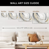 PI706-A Canvas Print size guide, abstract watercolor art in gray, gold, and white tones. See how they fit above a sofa.