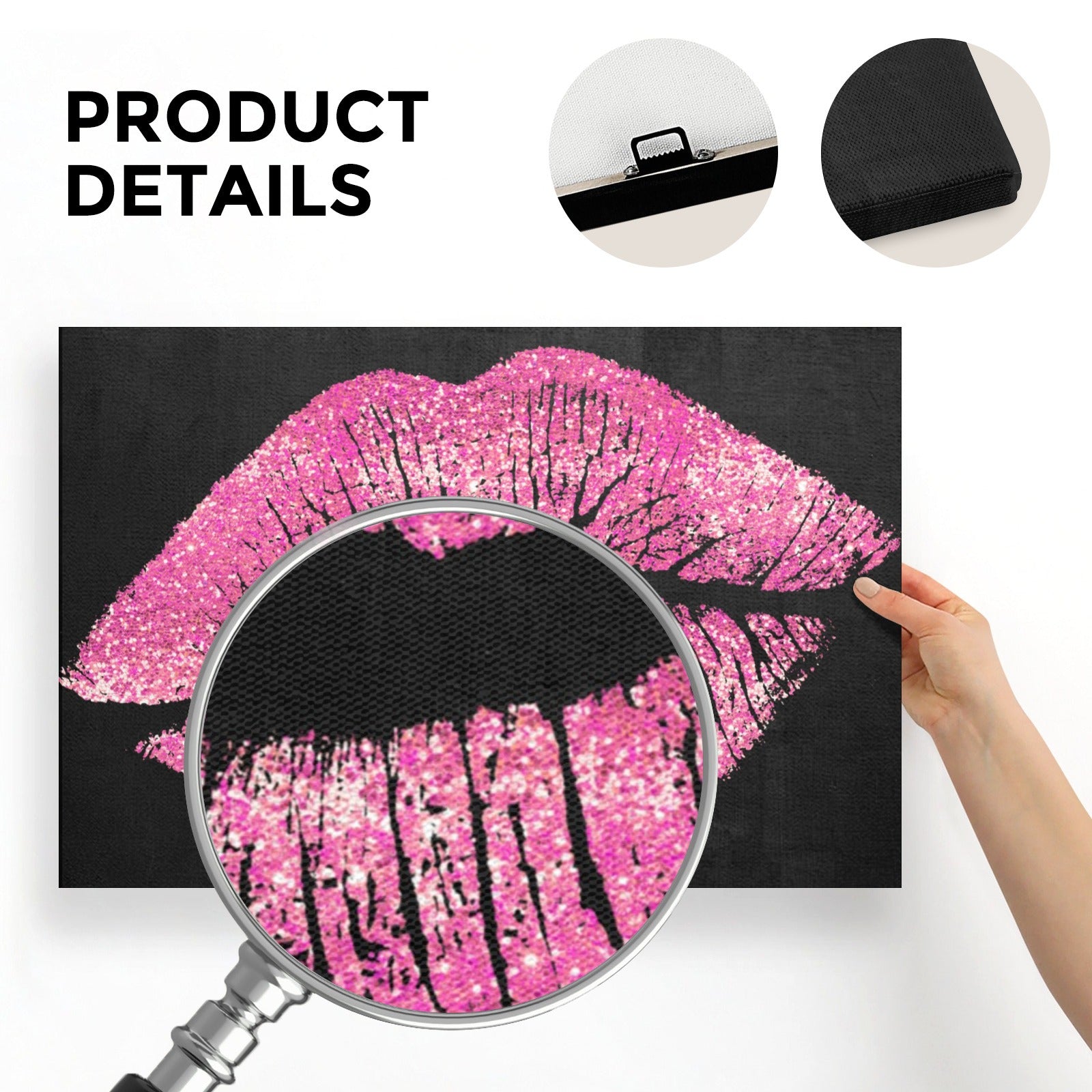 Pink kiss canvas print, made in USA, with glitter lips and black background, detail view under magnifying glass