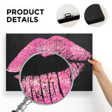 Pink kiss canvas print, made in USA, with glitter lips and black background, detail view under magnifying glass