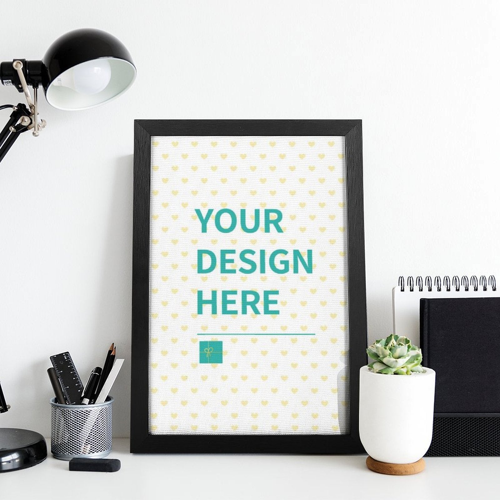 Custom canvas print with YOUR DESIGN HERE text in black frame. Personalized wall art, made with canvas and wood.