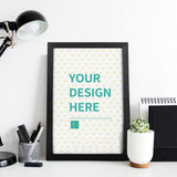 Custom canvas print with YOUR DESIGN HERE text in black frame. Personalized wall art, made with canvas and wood.