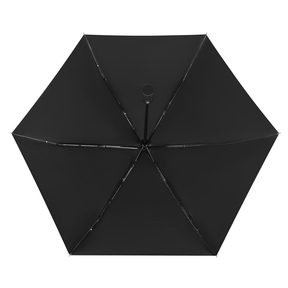 Black windproof travel umbrella fully opened; sun and rain protection, portable