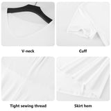 White V-neck summer dress details: skirt hem, sleeve cuff, tight sewing, party dress