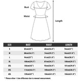 V-neck summer dress size chart. Bust, waist, and length measurements in cm and inches.