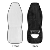 Car seat cover with front and back view, white interior, black border and elastic backing for car interior decor