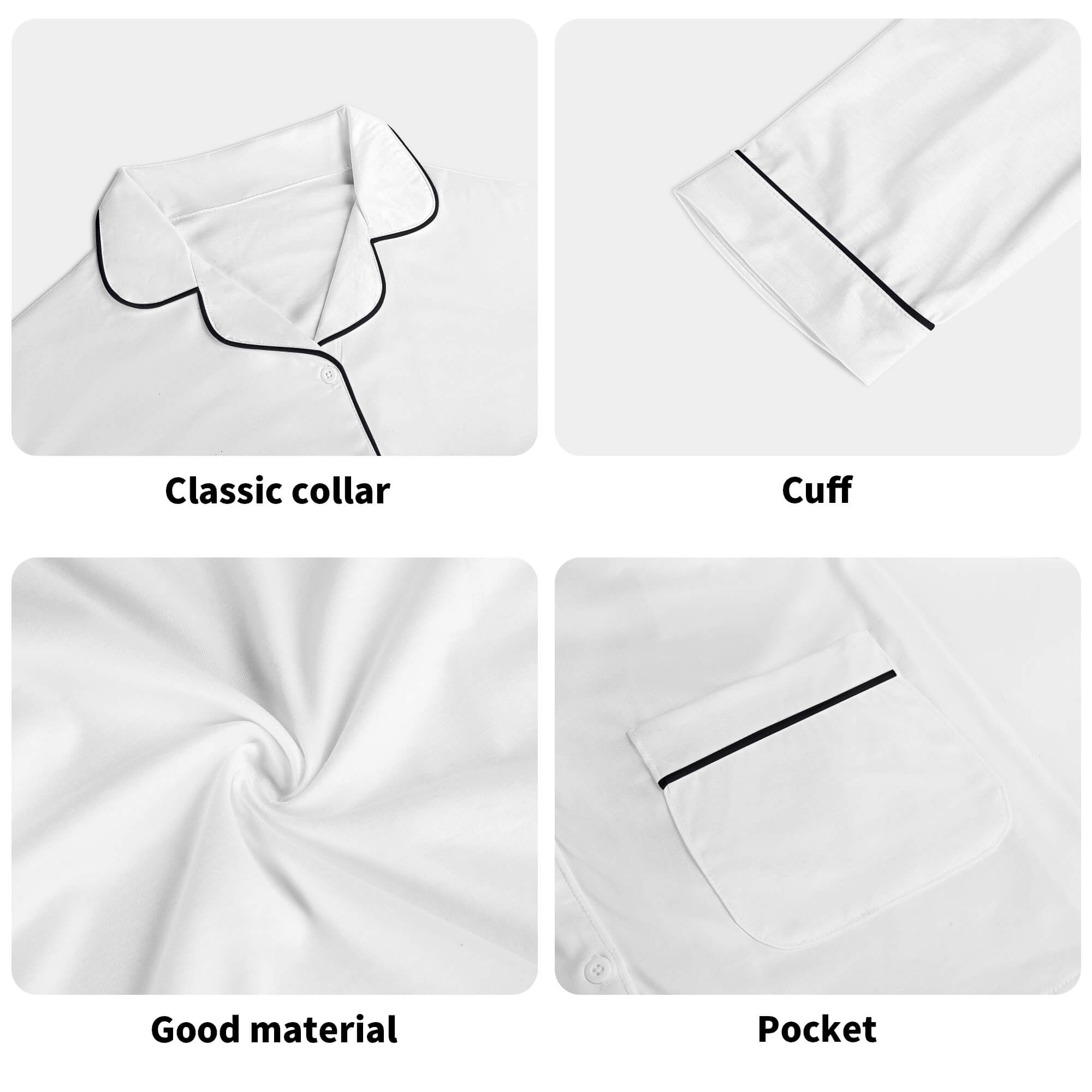 White unisex pajama set with classic collar, cuffs, pocket details. Premium cotton blend sleepwear.