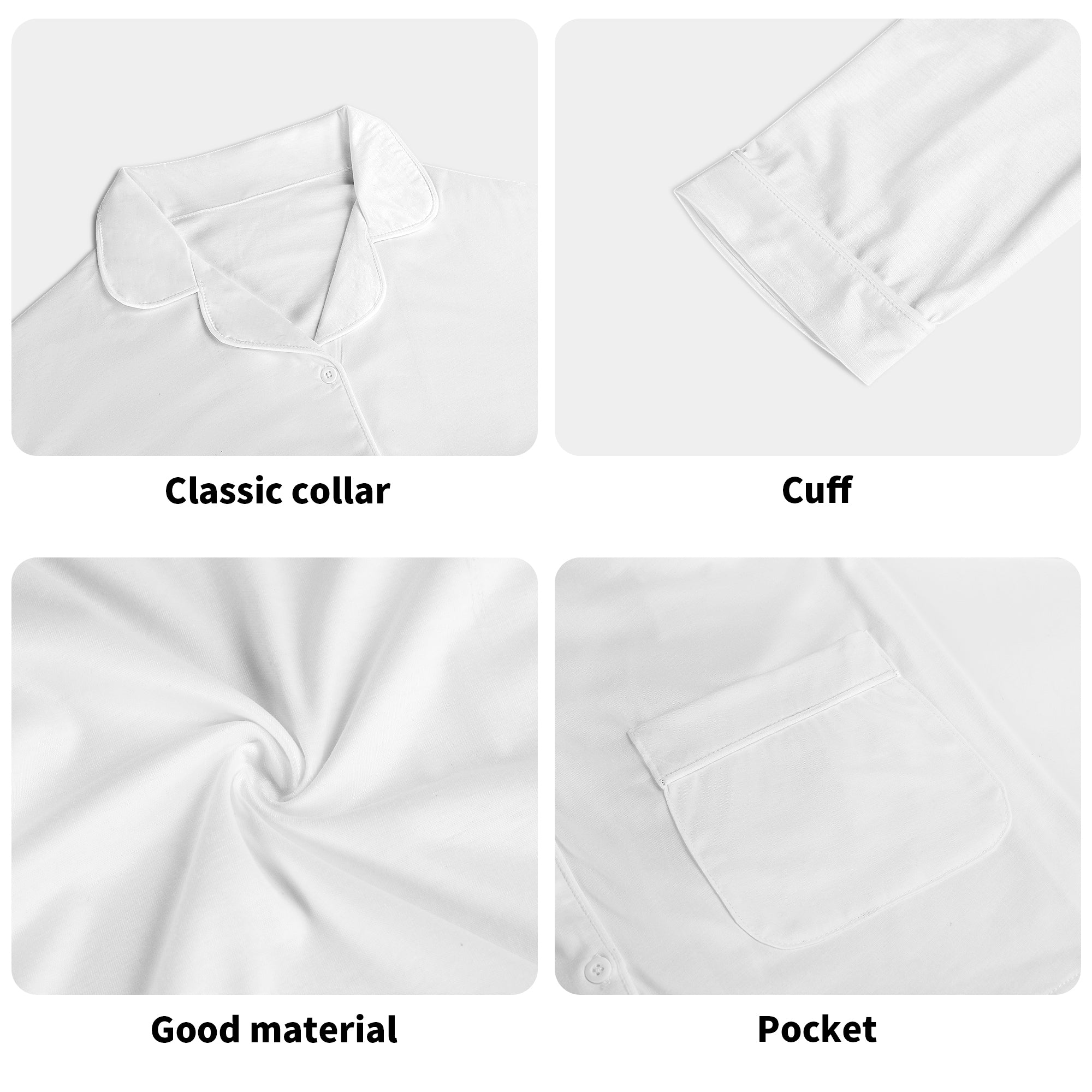 White unisex pajama set, classic collar, cuff and pocket details. Premium cotton blend sleepwear.
