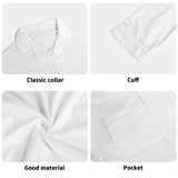 White unisex pajama set, classic collar, cuff and pocket details. Premium cotton blend sleepwear.