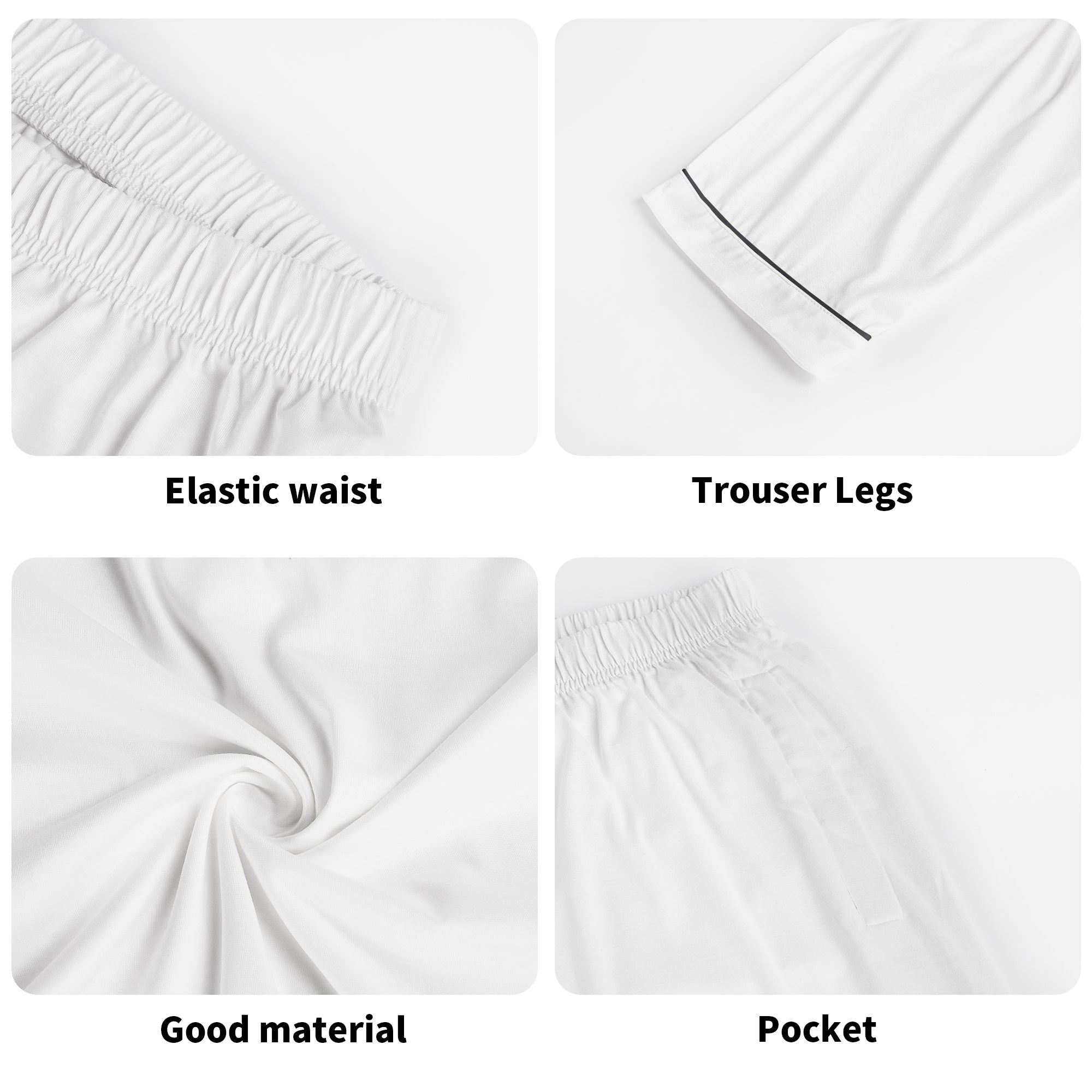 White unisex pajama set details: elastic waist, trouser legs, soft material, and pocket, premium sleepwear