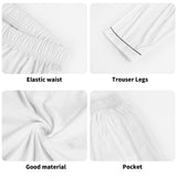 White unisex pajama set details: elastic waist, trouser legs, soft material, and pocket, premium sleepwear