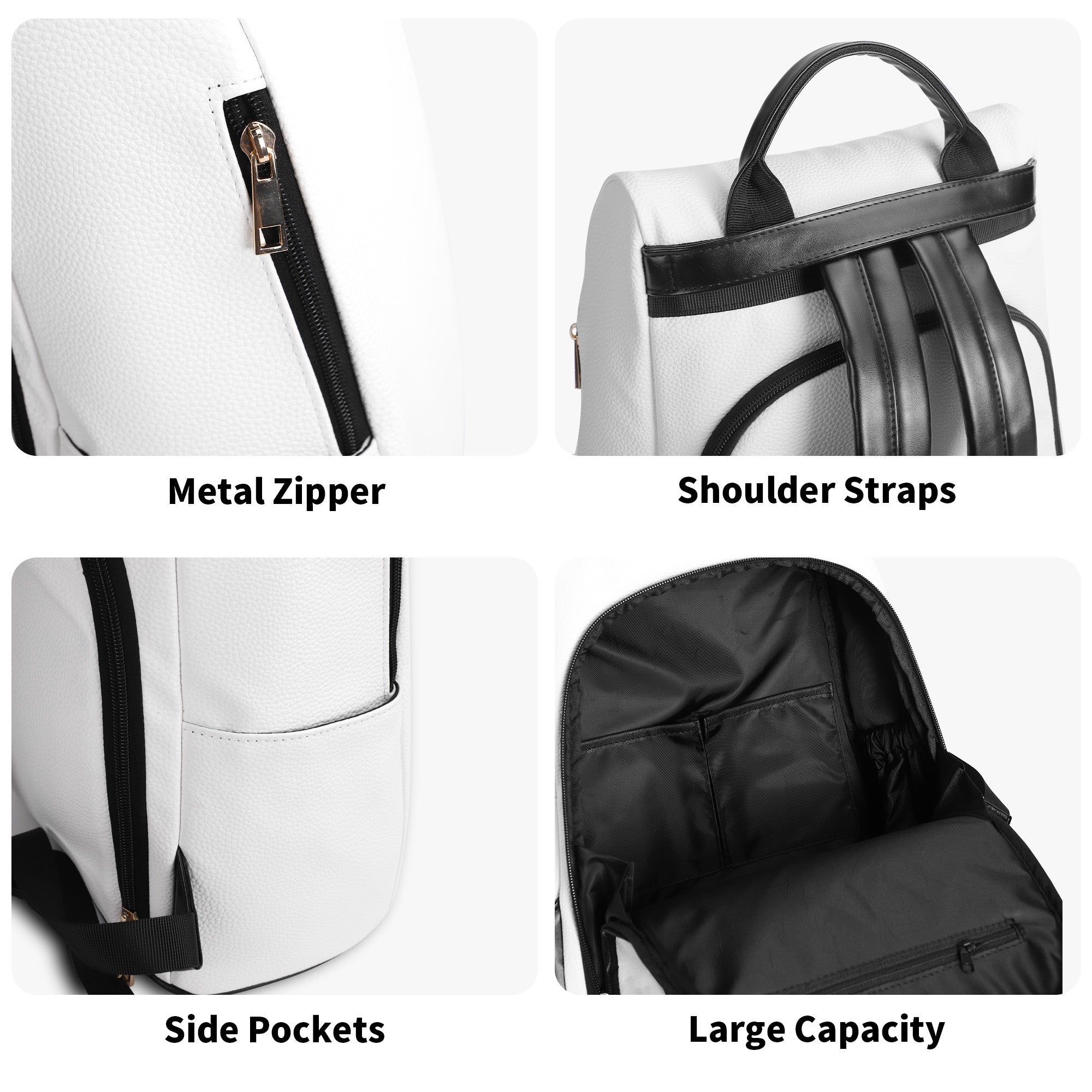 White PU leather anti-theft travel backpack with metal zipper, secure design and large capacity.