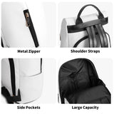White PU leather anti-theft travel backpack with metal zipper, secure design and large capacity.