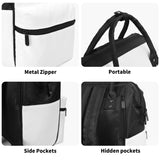Mummy Backpack features: metal zipper, side pockets, and hidden pockets. Baby care travel bag.
