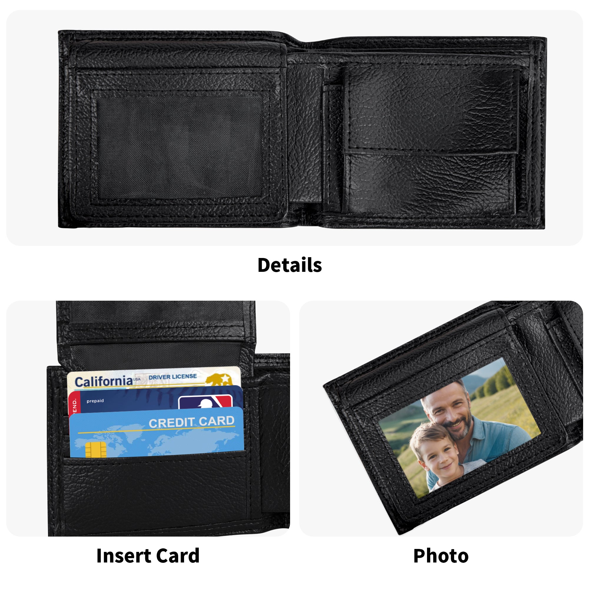 Black PU leather men's wallet showing interior card slots, photo section, and details, perfect for gifts.