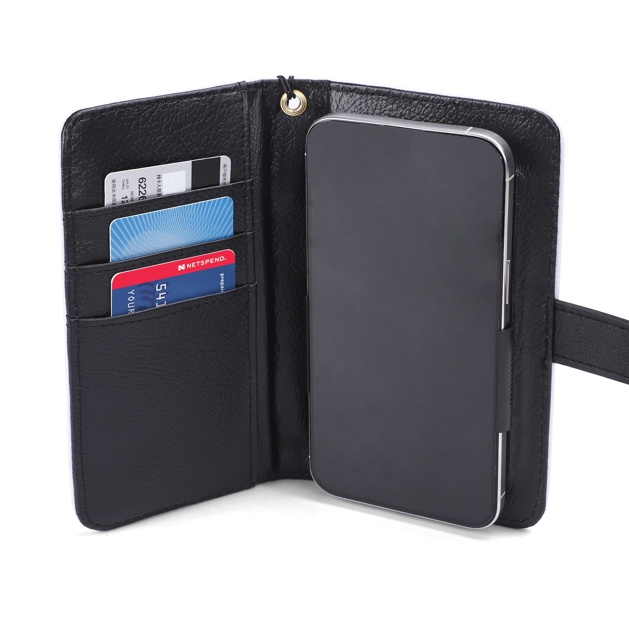 Black PU leather phone wallet with card slots for men and women, featuring phone case and credit card holder