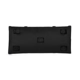 Black foldable travel duffel bag bottom view, showing material, reinforced corners, and zipper details.