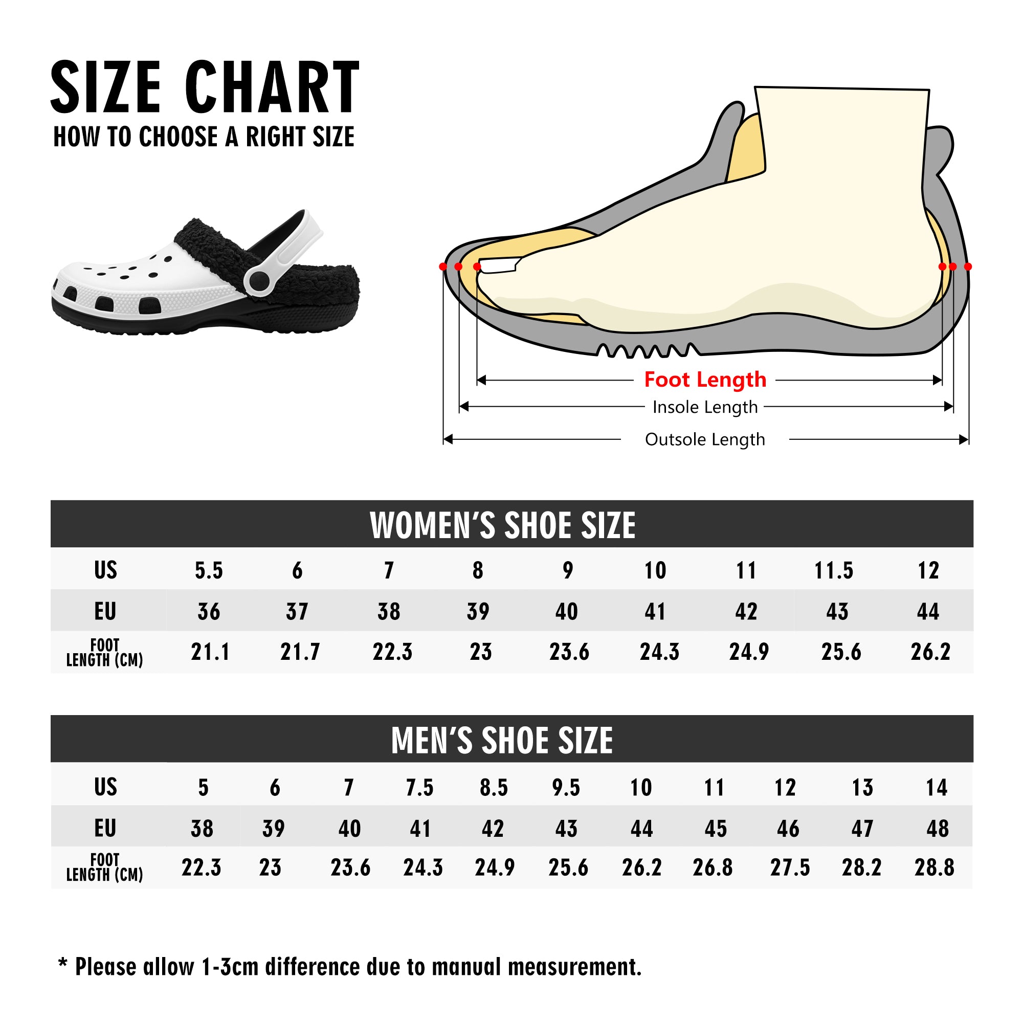 Size chart for personalized winter clogs: US and EU shoe sizes, foot length measurements. Find the perfect fit!