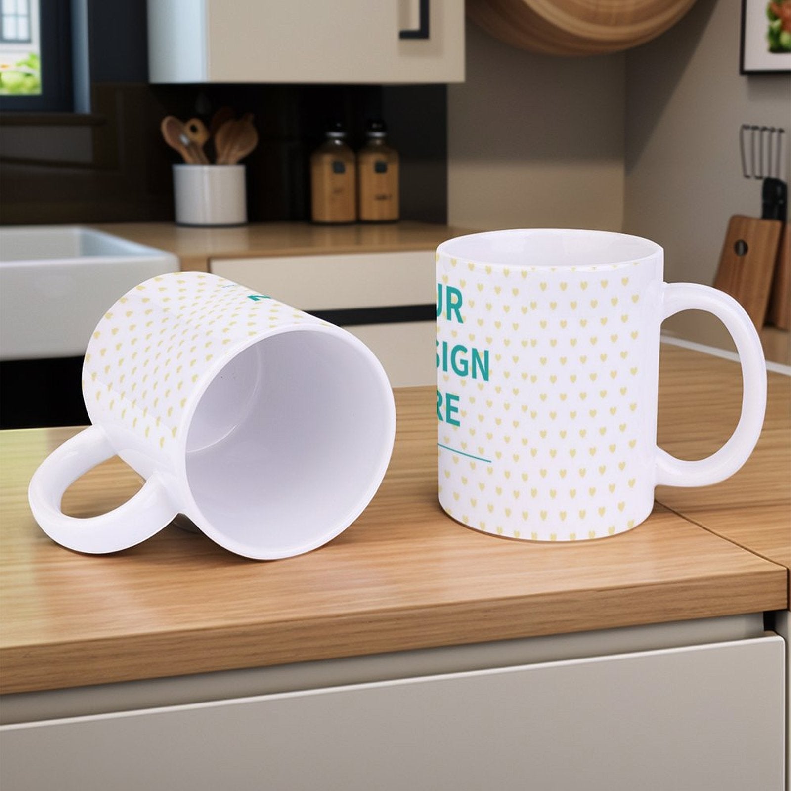 White ceramic personalized mug with yellow hearts and 'YOUR DESIGN HERE' text, perfect gift.