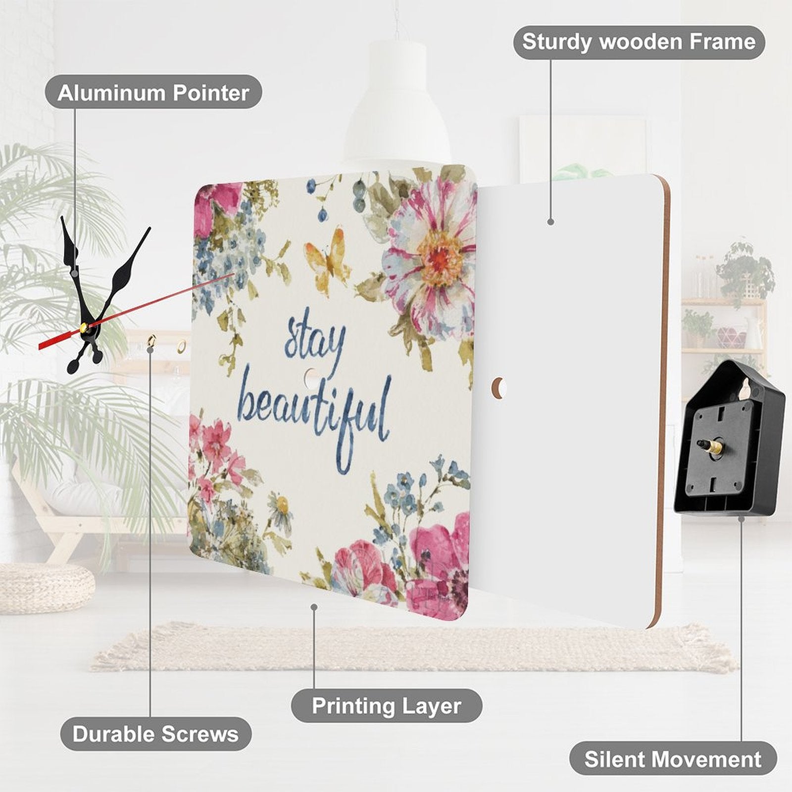 Square wooden wall clock with floral design and 'stay beautiful' text. Home decor, kitchen gift, or housewarming gift.