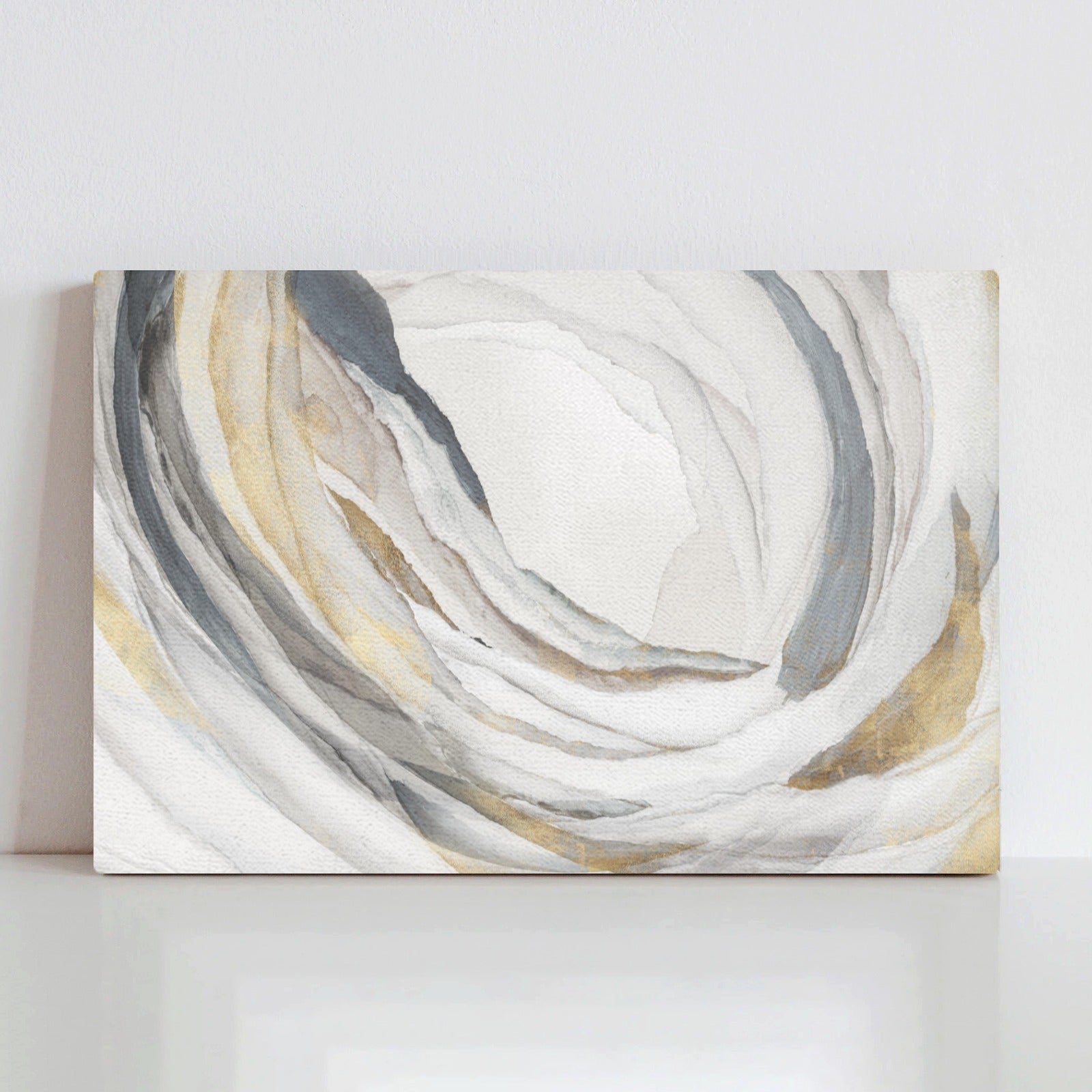 Abstract canvas print PI706-A, featuring swirling watercolor design in neutral tones of gray, gold, and white. Made in USA.