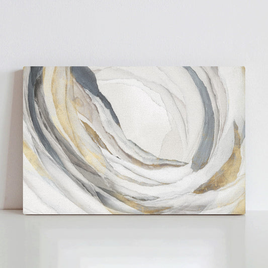 Abstract canvas print PI706-A, featuring swirling watercolor design in neutral tones of gray, gold, and white. Made in USA.